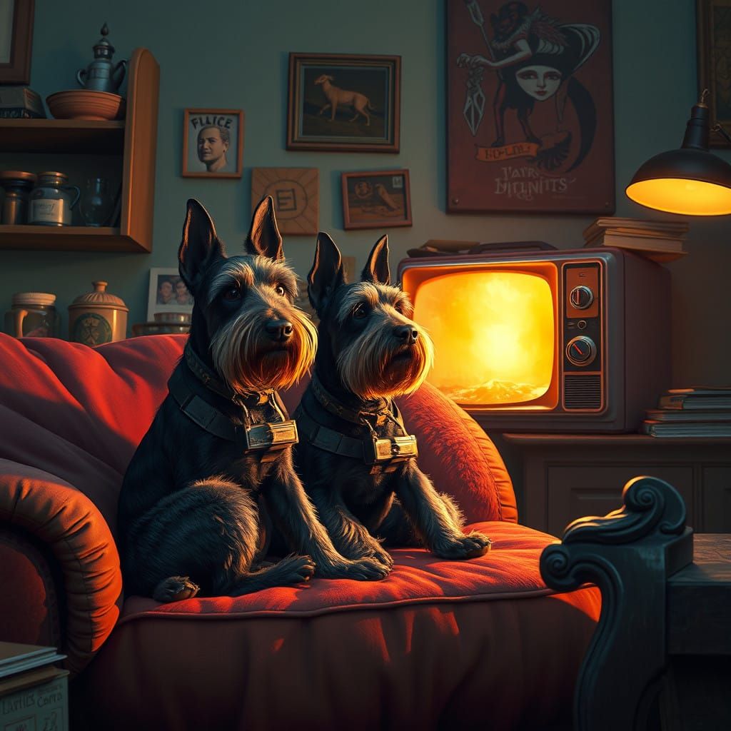 Surreal Schnauzers Snuggle Up to Vintage TV in Whimsical Pri...