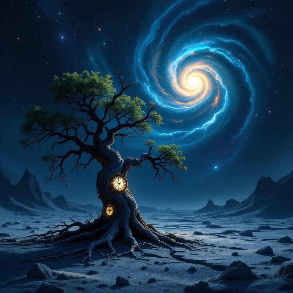 Clockwork Tree on Cratered Moon with Cosmic Sky