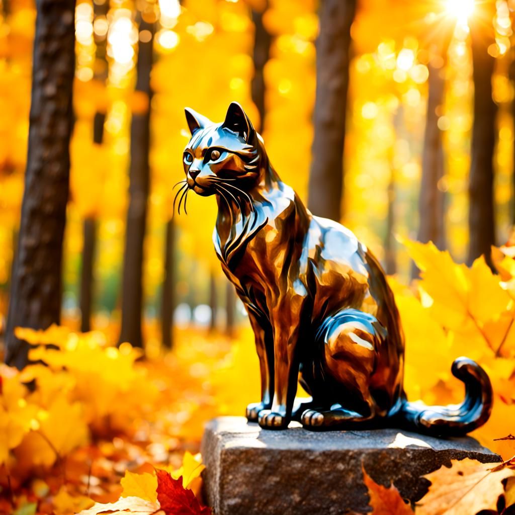 Bronze Cat Statue in Autumn Forest at Golden Hour