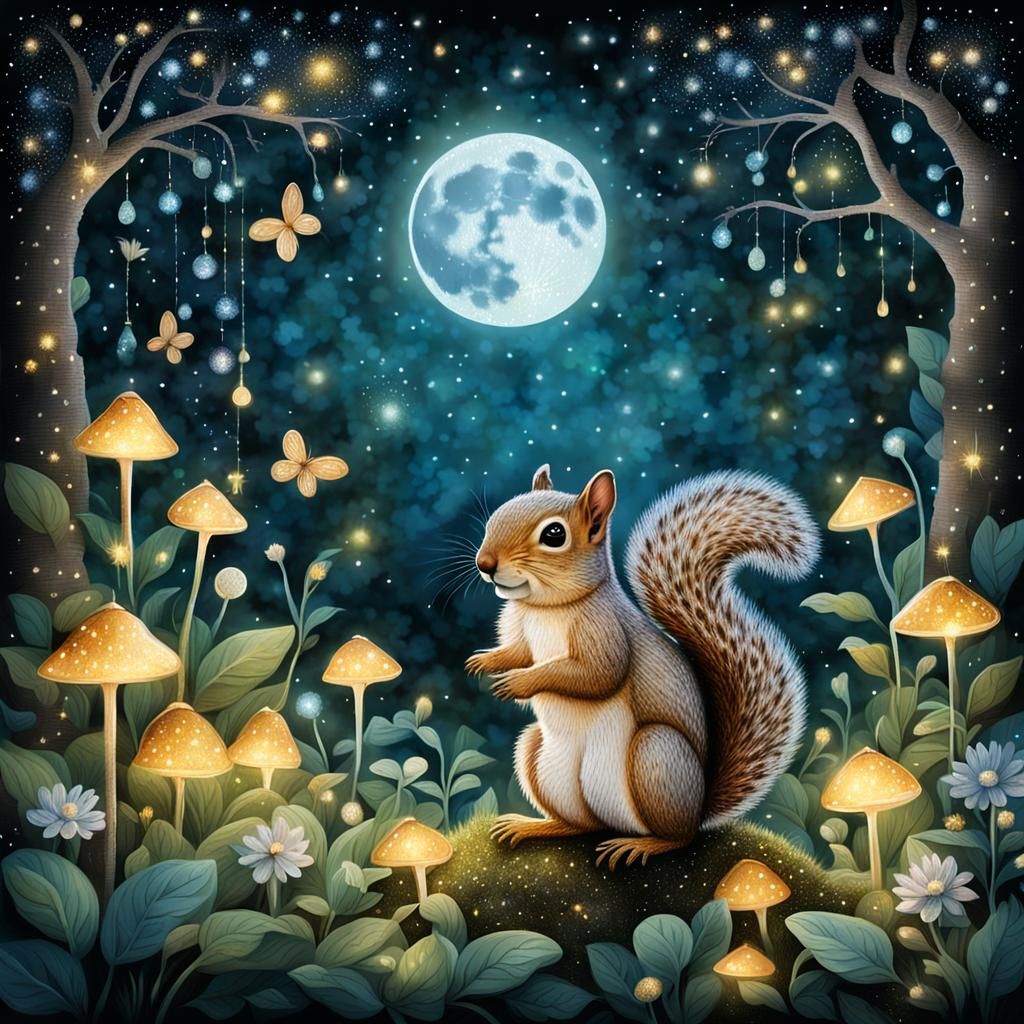 Whimsical Squirrel in Moonlit Firefly Garden