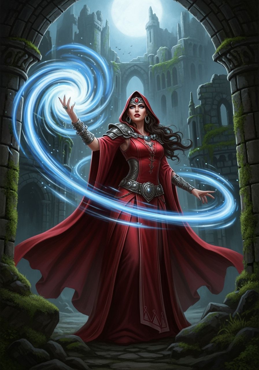Sorceress Conjures Energy in Castle Ruins