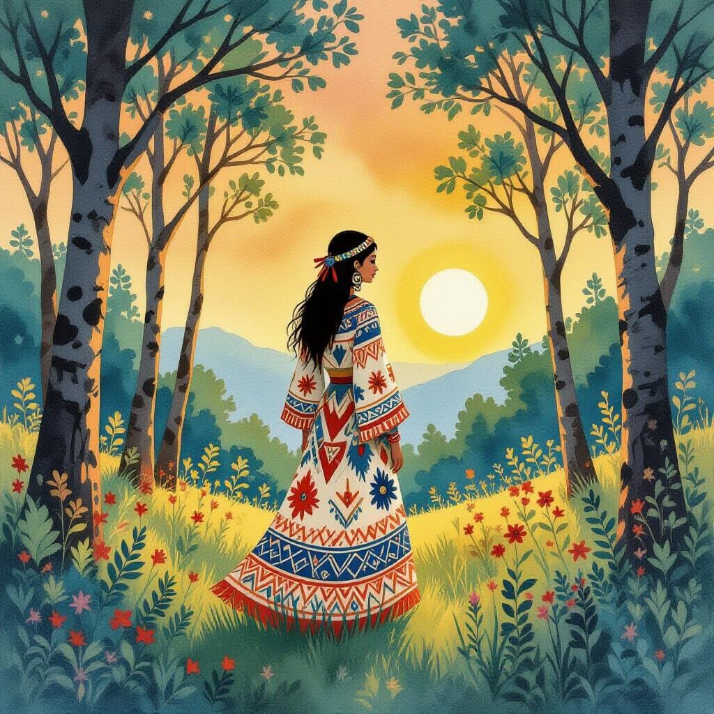 Woman in Forest Clearing, Watercolor Painting