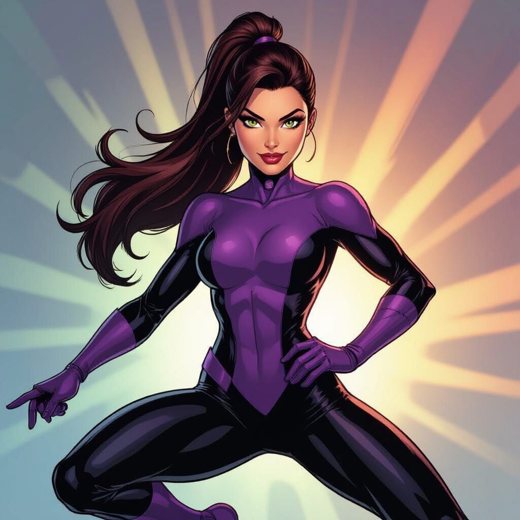 Female Superhero in Purple and Black Suit, Comic Book Style