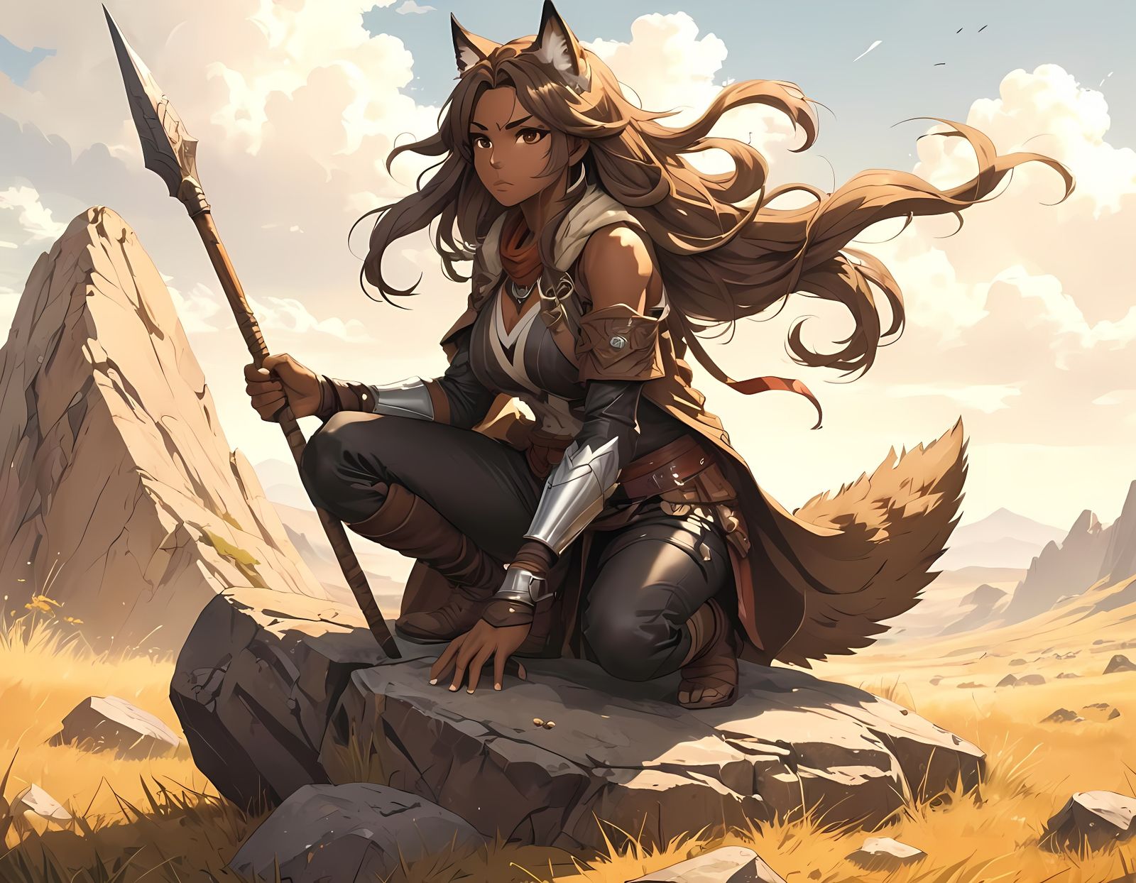 Anime Beastfolk Hunter in Arid Grassland