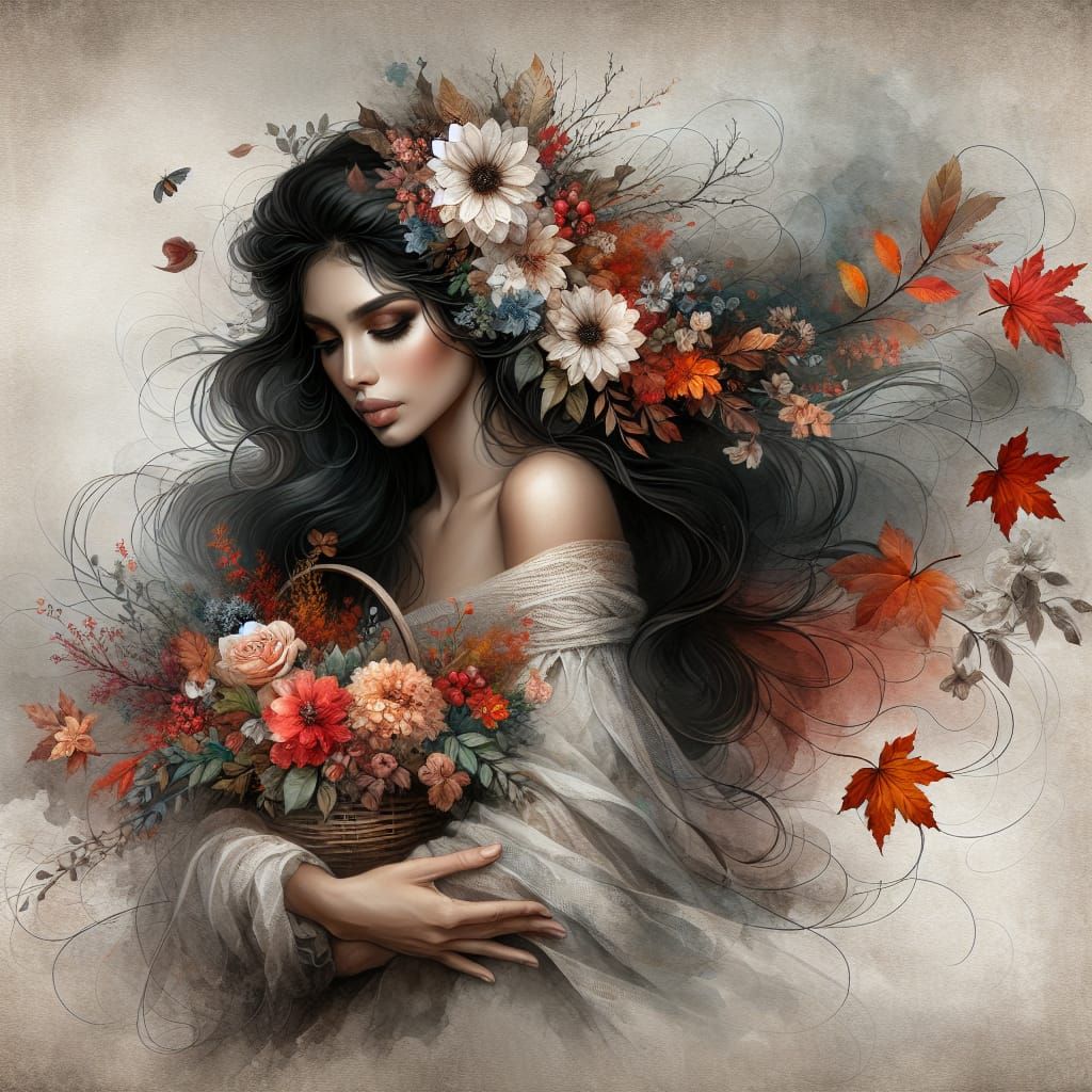 Autumnal Woman with Flowers in Watercolor Haze
