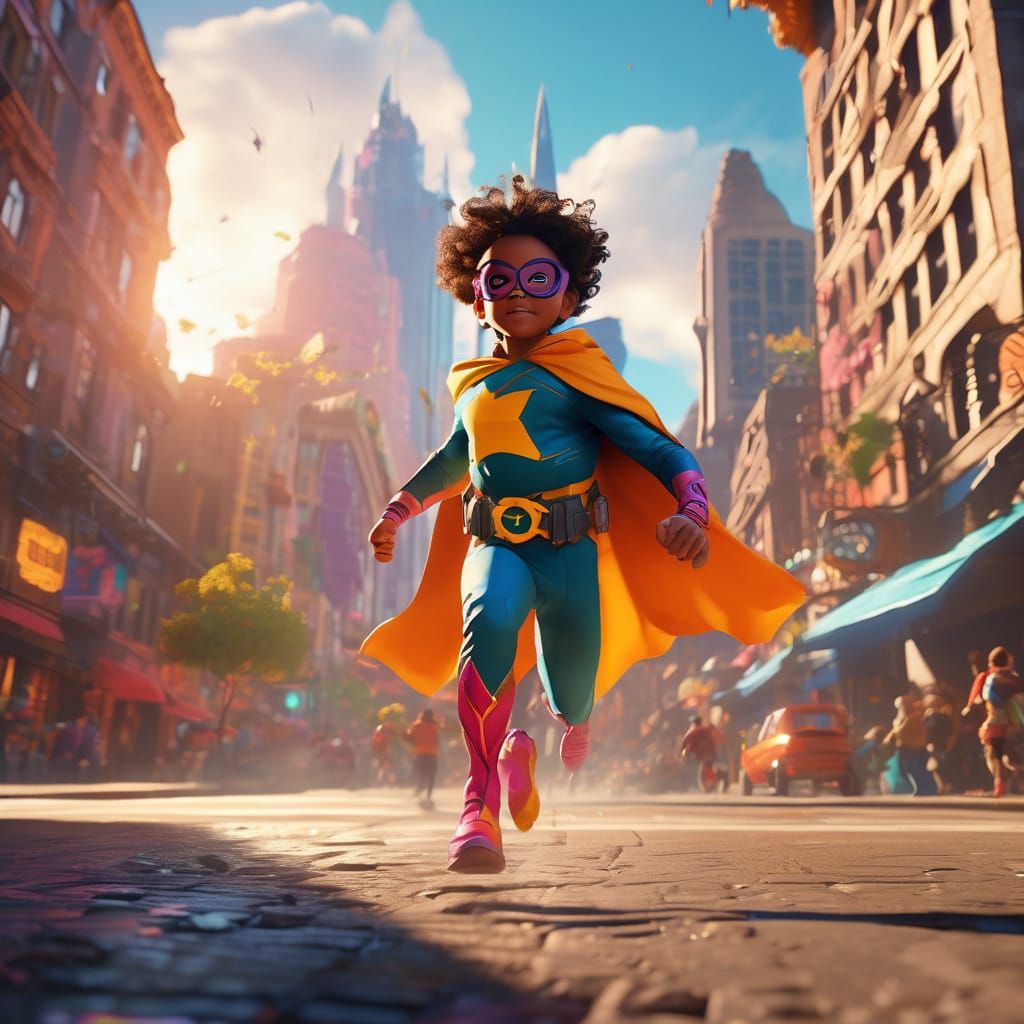 Energetic Kid Superhero in Vibrant Fantasy City