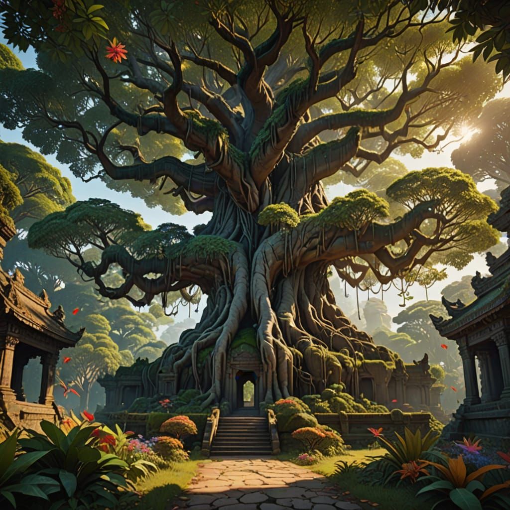 Banyan Tree Envelops Ancient Temple: Anime Digital Art