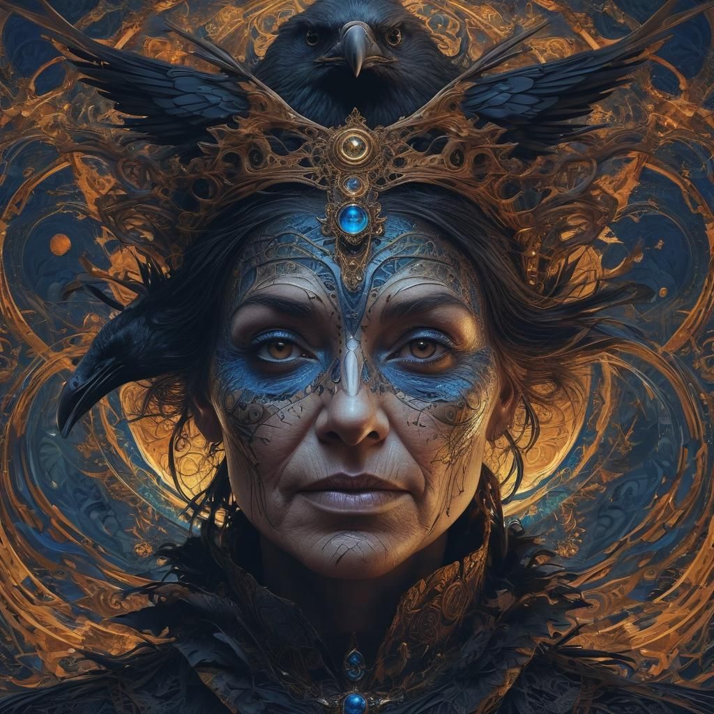 Mystical Witch Transfixed by Swirling Fractals