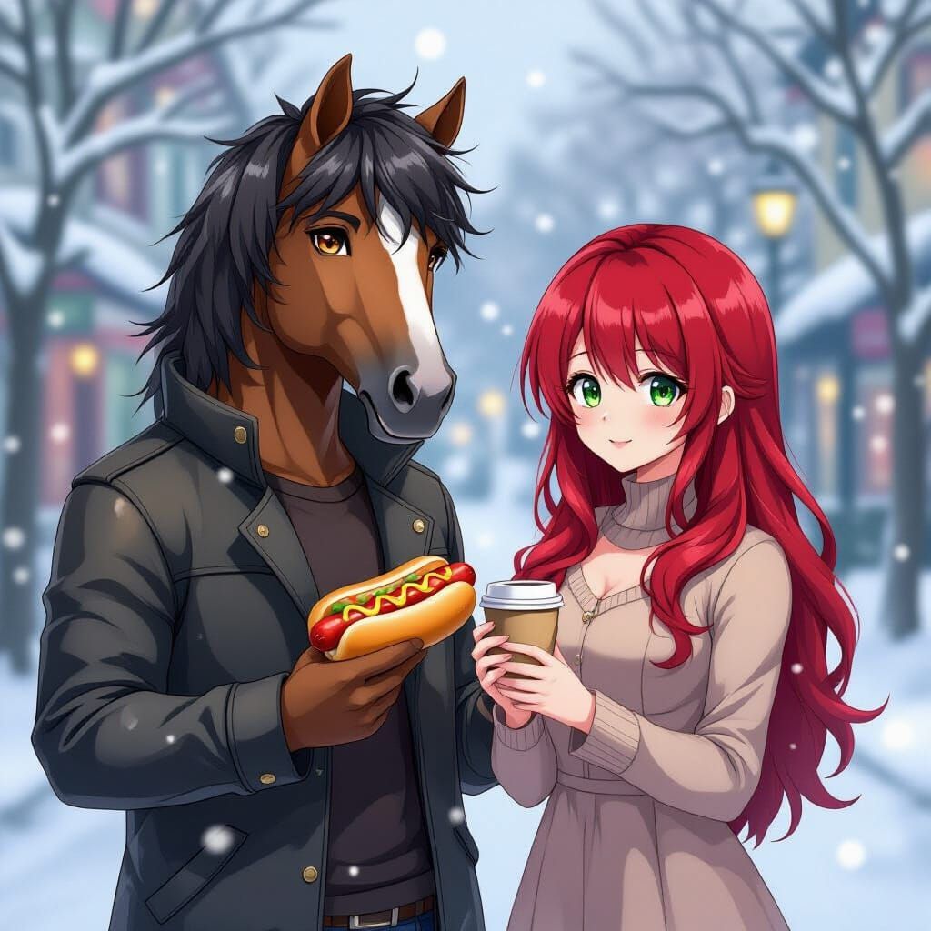 Anime Horse-Headed Man and Woman in Snowy City
