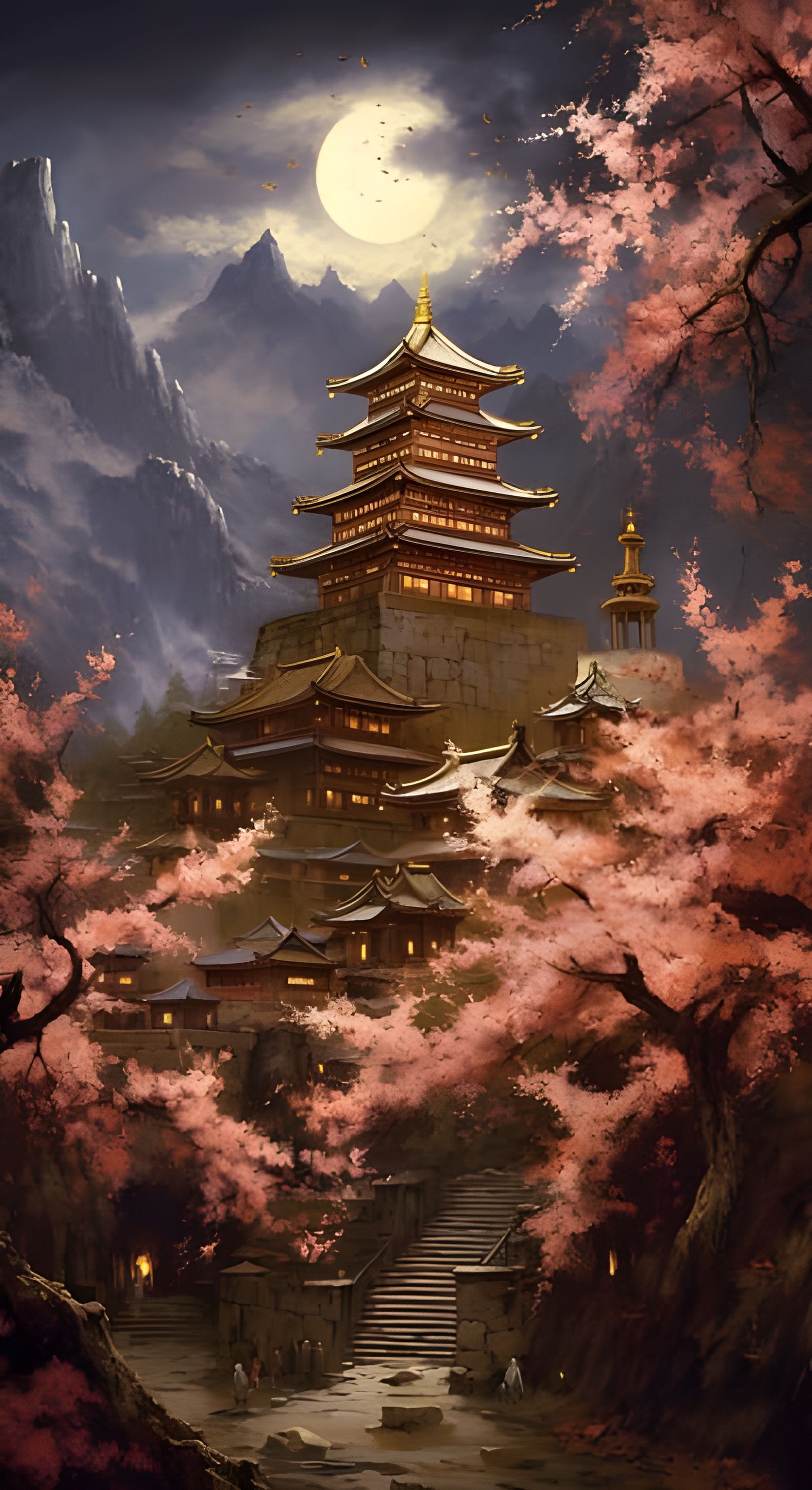 Surreal Gothic Tibet Night Scene with Cherry Blossoms