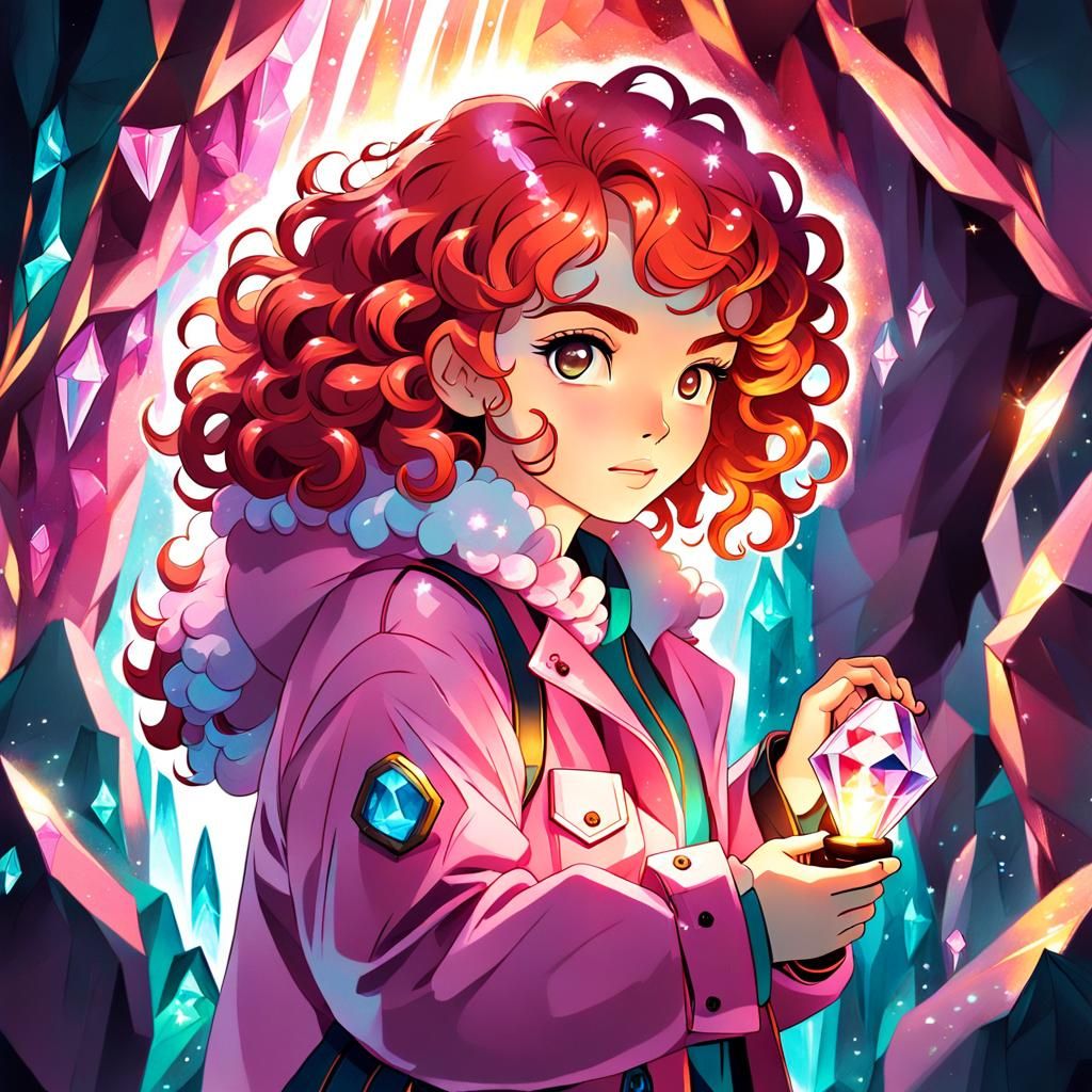 Anime Girl Exploring Crystal Cavern in Acrylic Art Style