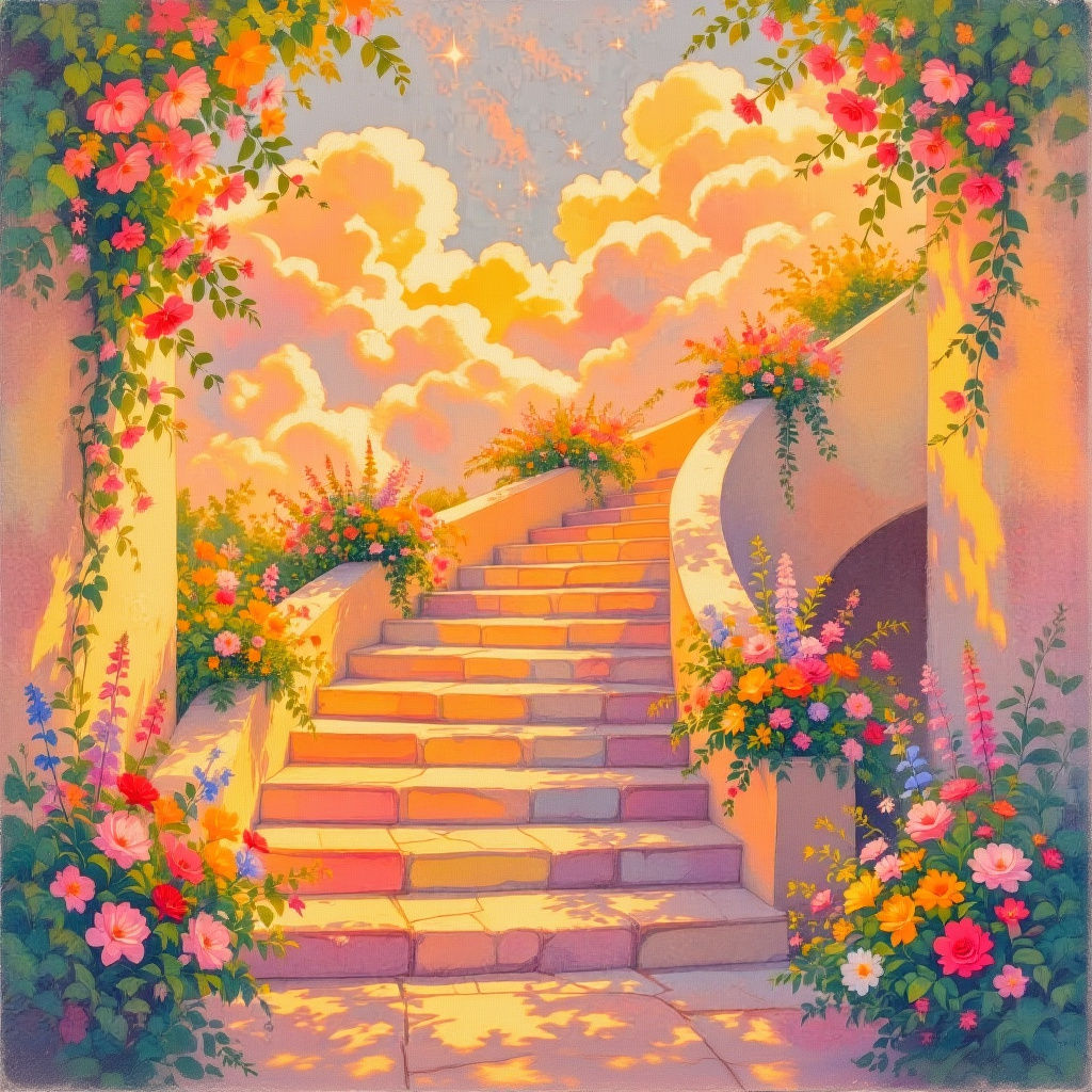 Elegant Stairs to Sky: Pastel Charcoal Drawing