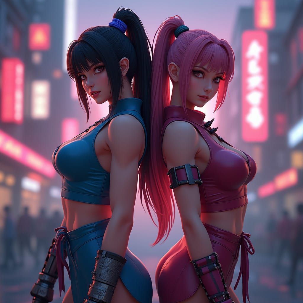 Chun-Li and Cammy White in Neon Cityscape