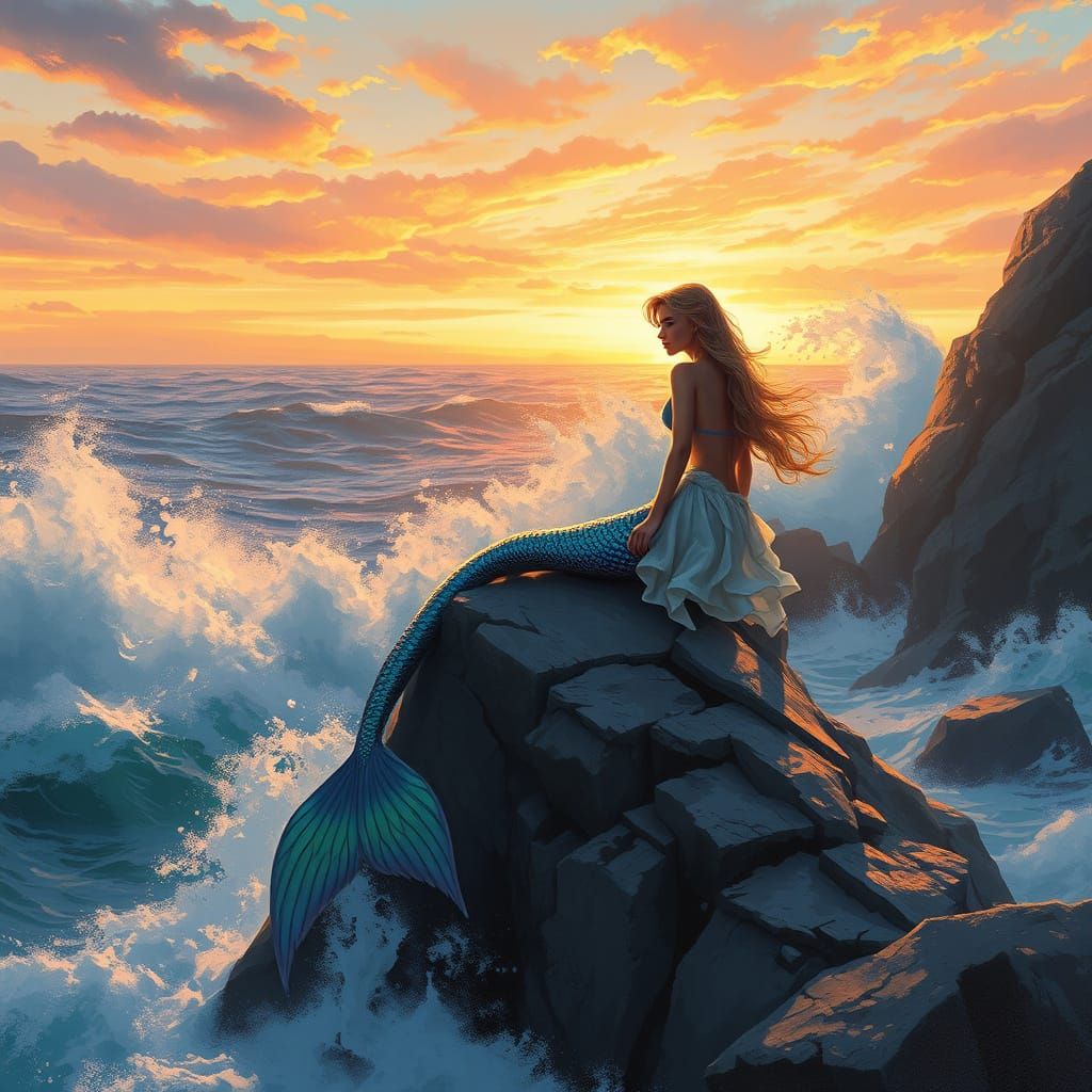 Mermaid Seated on Weathered Rock Amidst Sunset Sea