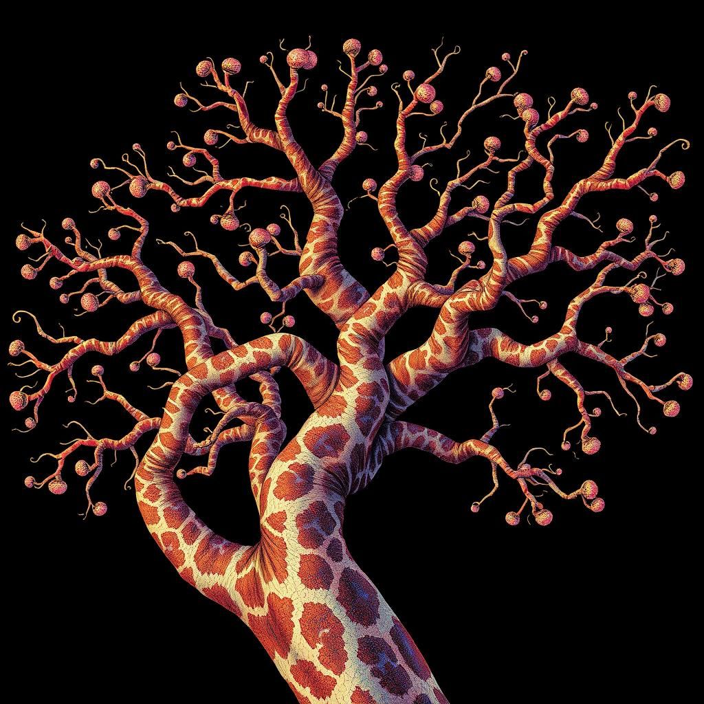Surreal Giraffe Tree in Op-Art Style