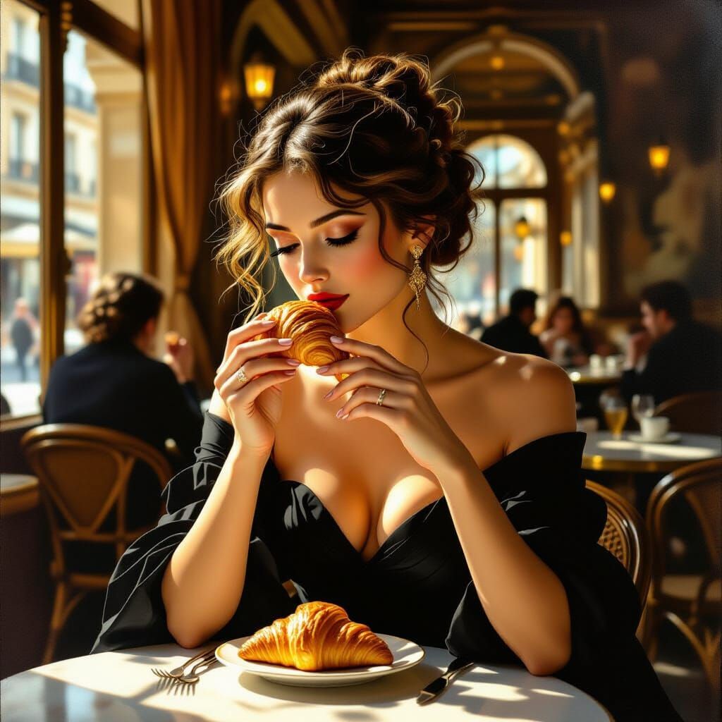 Renaissance Masterpiece: Woman Eating Croissant in Parisian ...