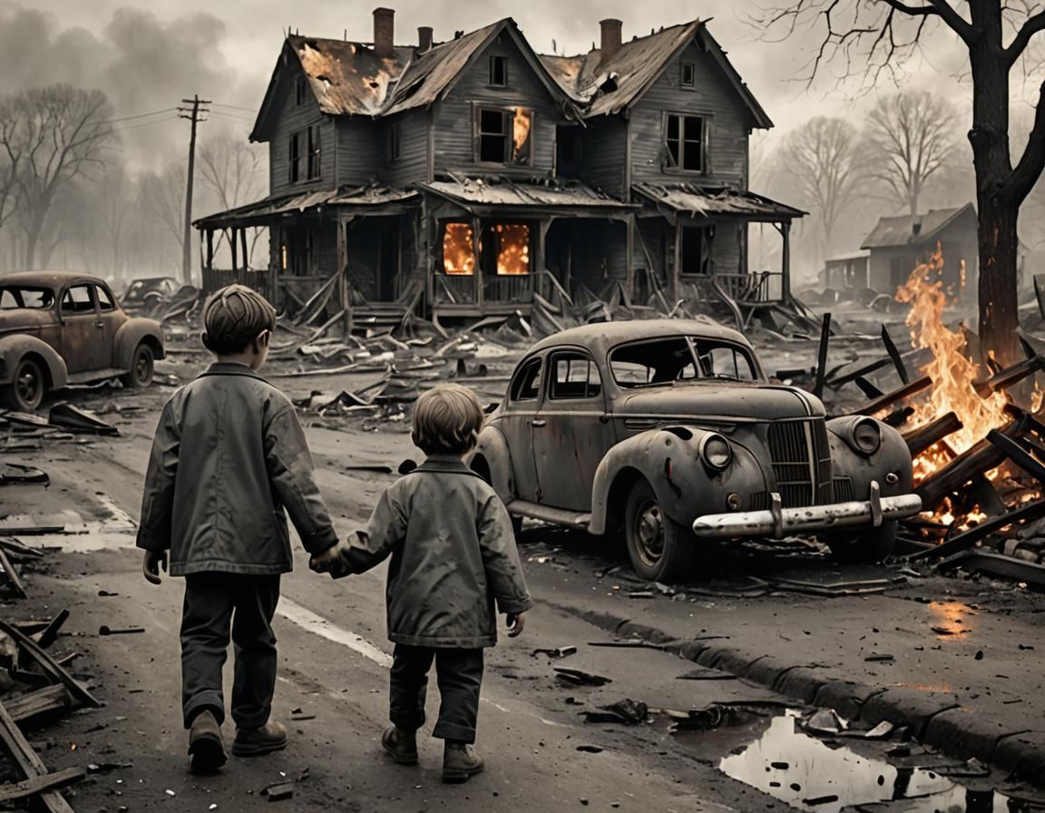 Children in War-Torn Village: Hyperdetailed Charcoal Drawing