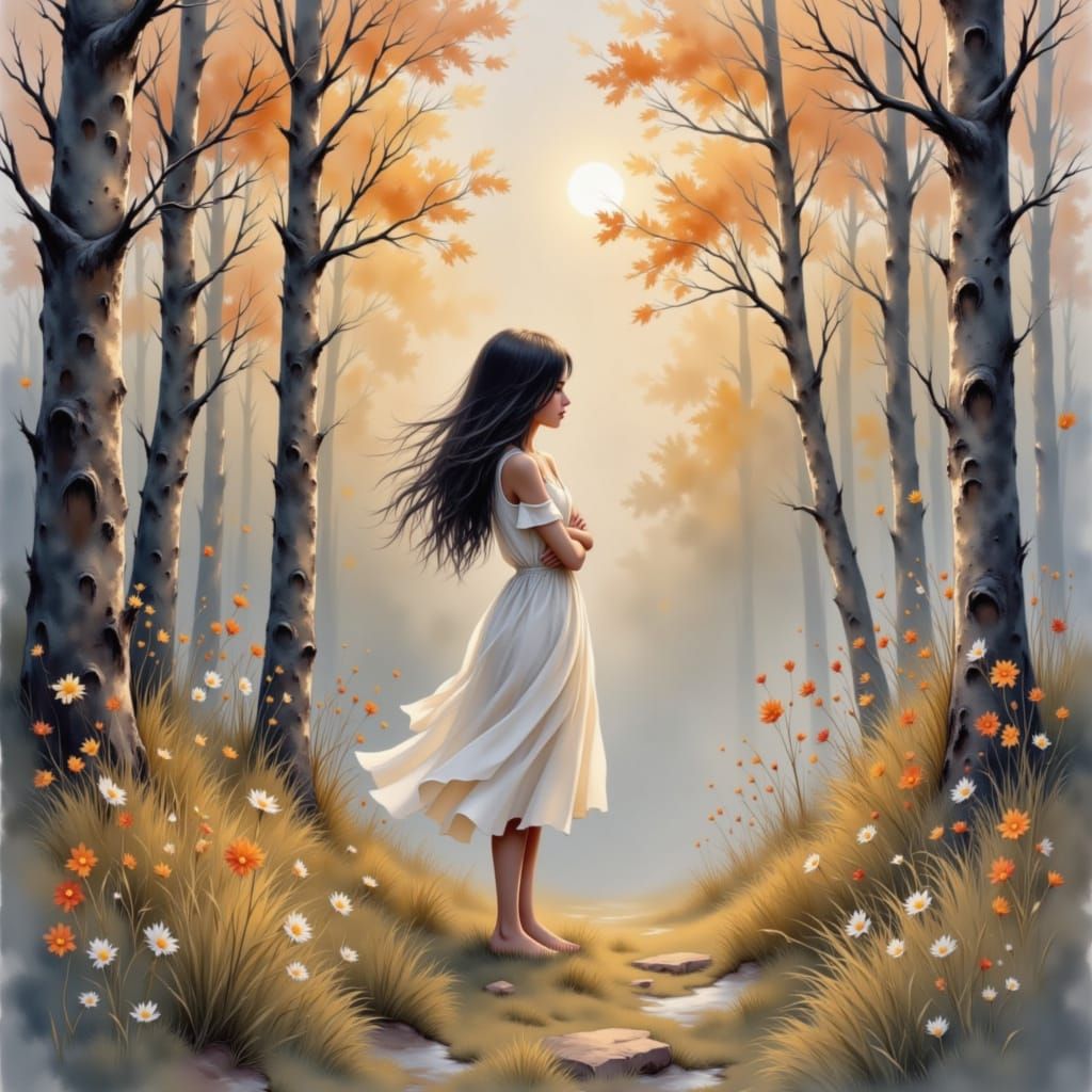 Ethereal Girl in Misty Forest Watercolor Painting