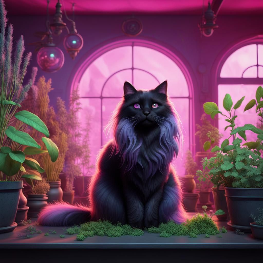 Ethereal Witch and Cat in Herb Lab: 3D Digital Art