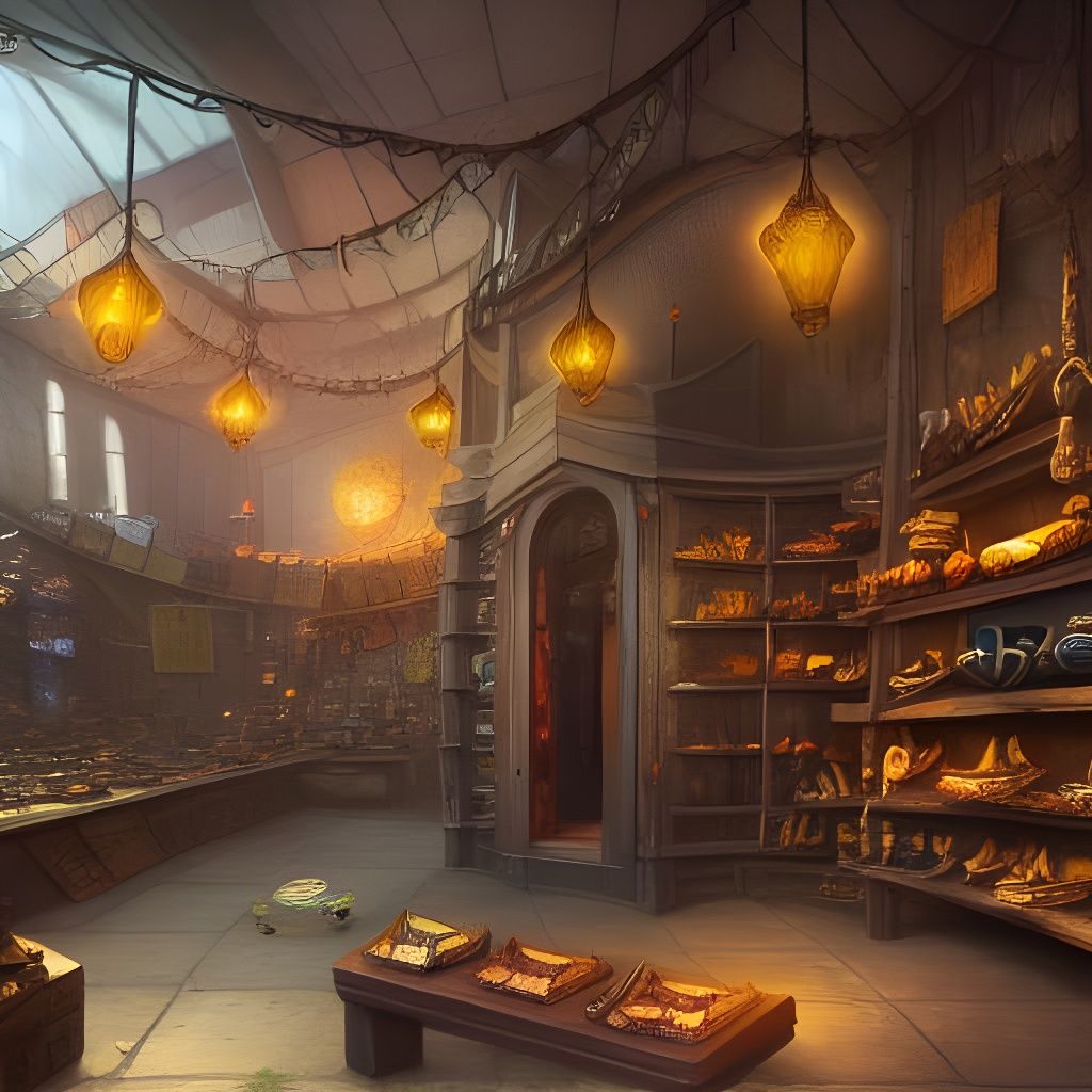 Fantasycore Shoe Shop in Detailed Matte Painting Style
