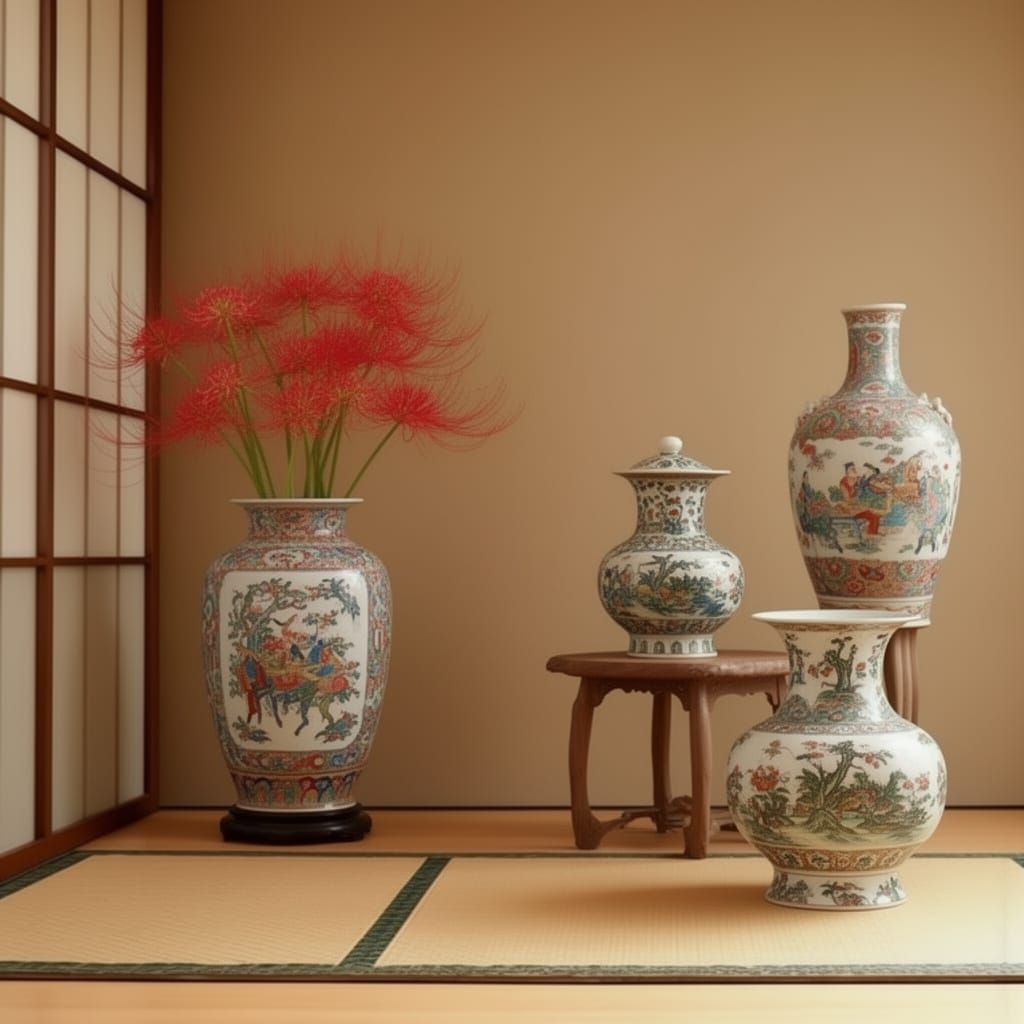 Asian Interior with Red Spider Lilies on Tatami Mat