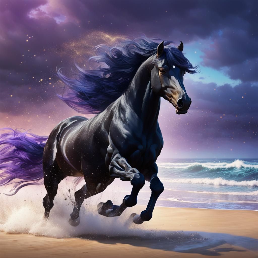Black Stallion Galloping on Beach: Fantasy Art