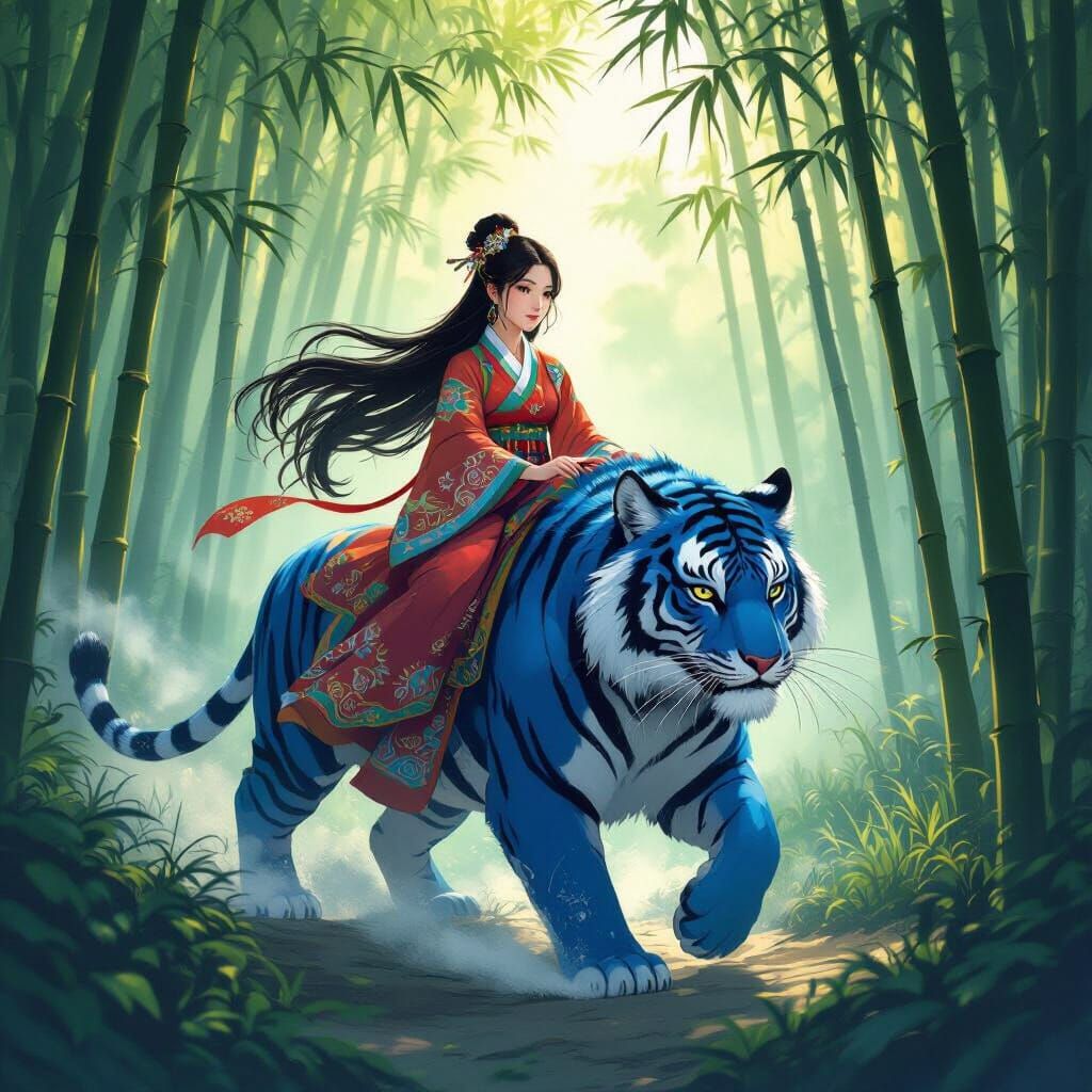 Korean Woman Rides Blue Tiger in Misty Forest