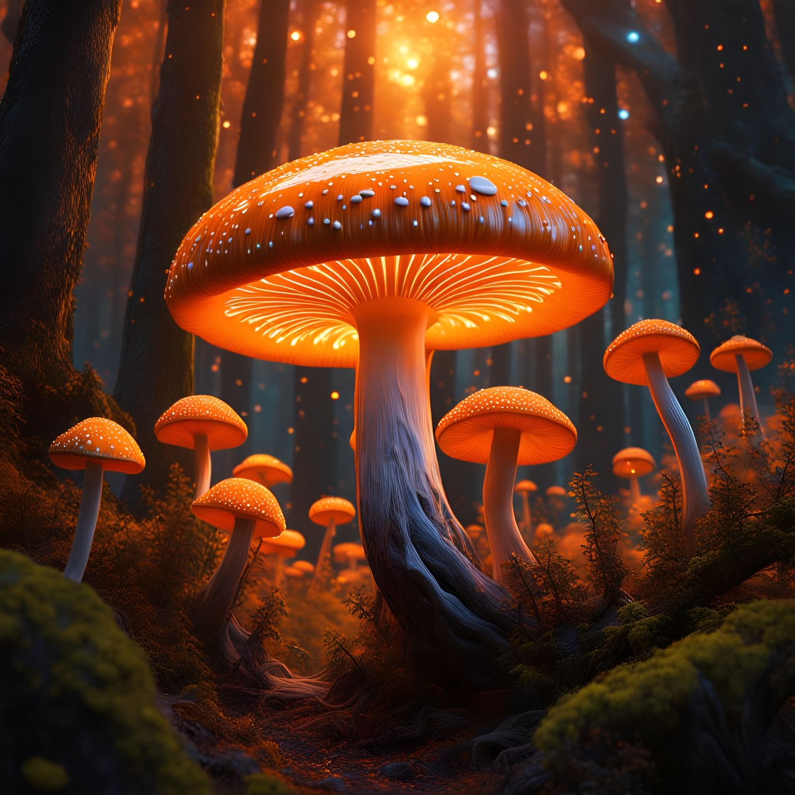 Orange Mushroom in a Cosmic Firefly Forest