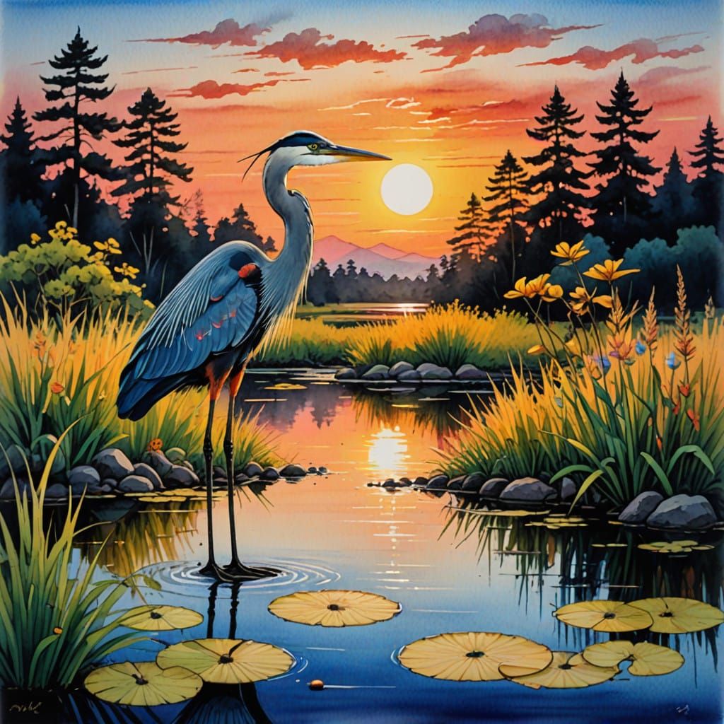 Ethereal Blue Heron Amidst Vibrant Sunset Splendor
