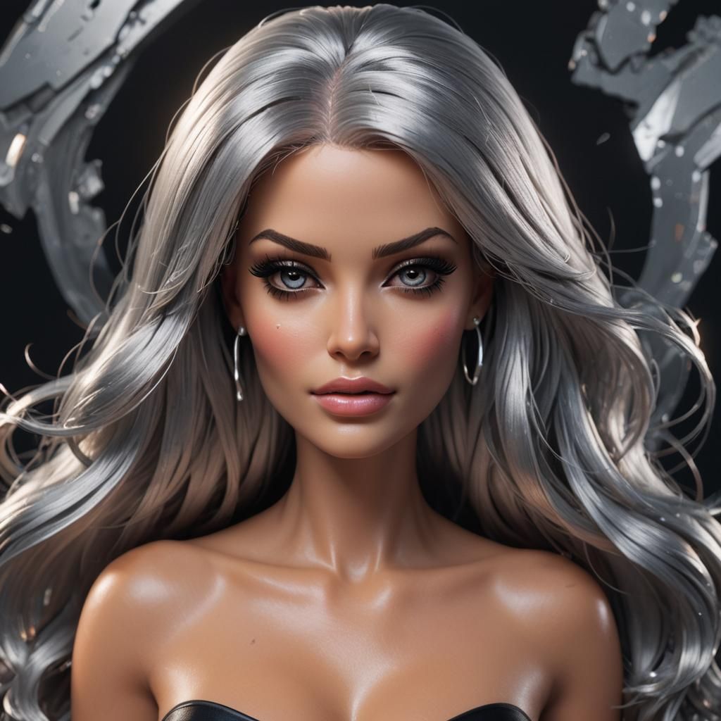 Hyperrealistic Portrait of Silver-Haired Woman in Dark Color...