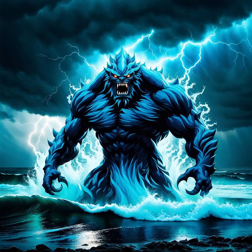 Powerful Water Elemental Monster in Seascape Thunderstorm