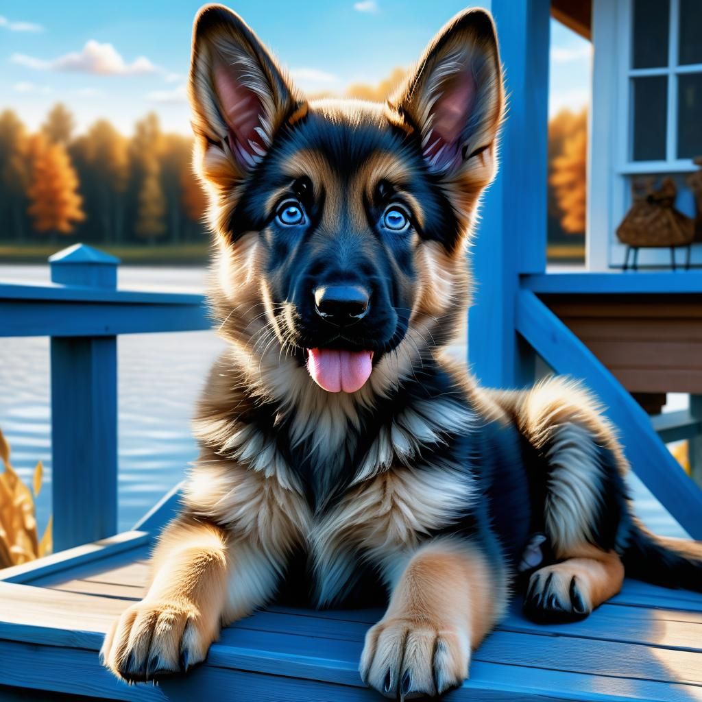 German shepherd puppy sitting on a front porch