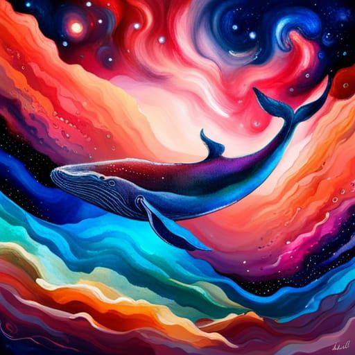 Whale Soaring Through a Colorful Galaxy