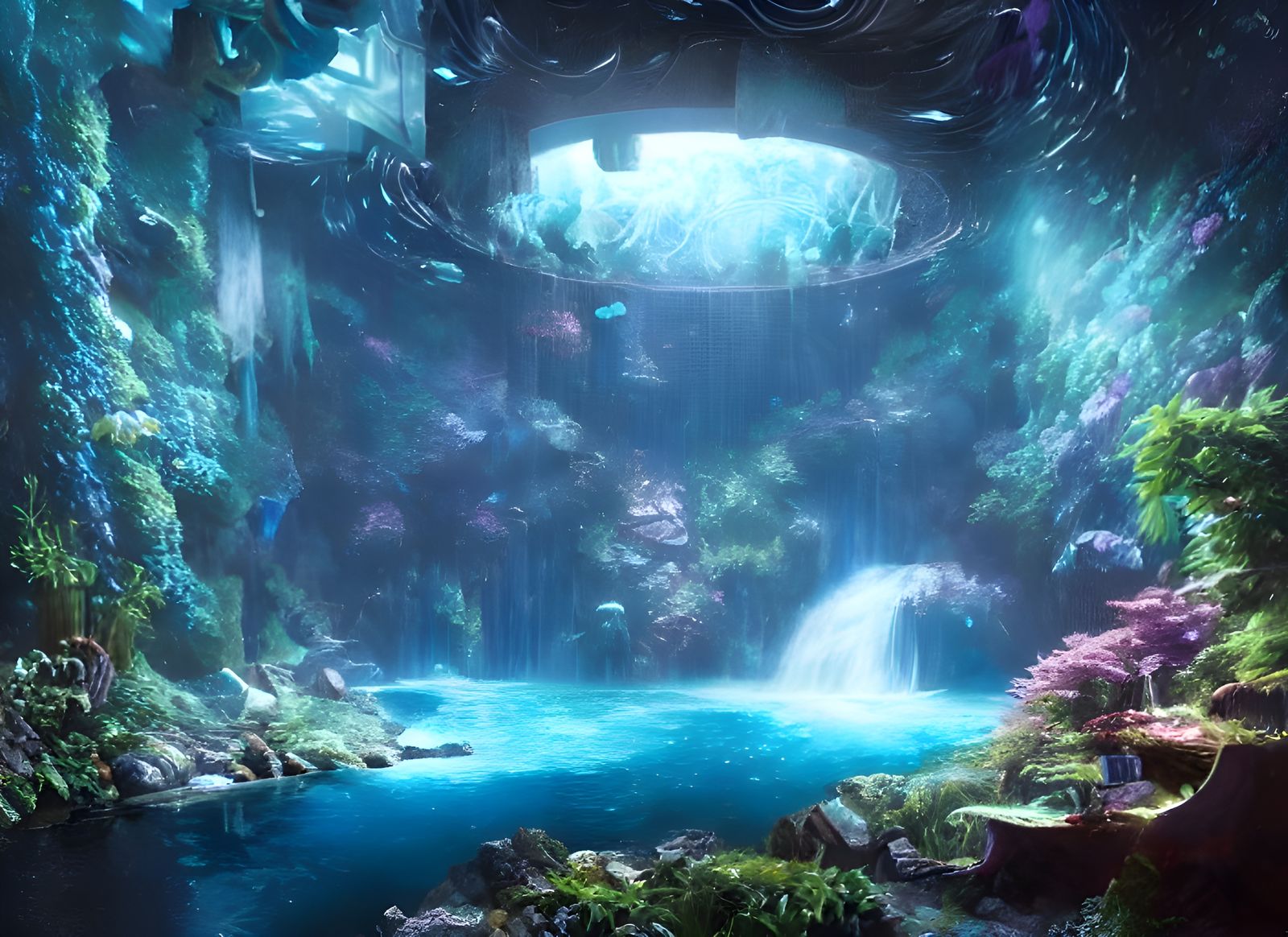 Underwater Waterfall in Space Aquarium: Digital Painting