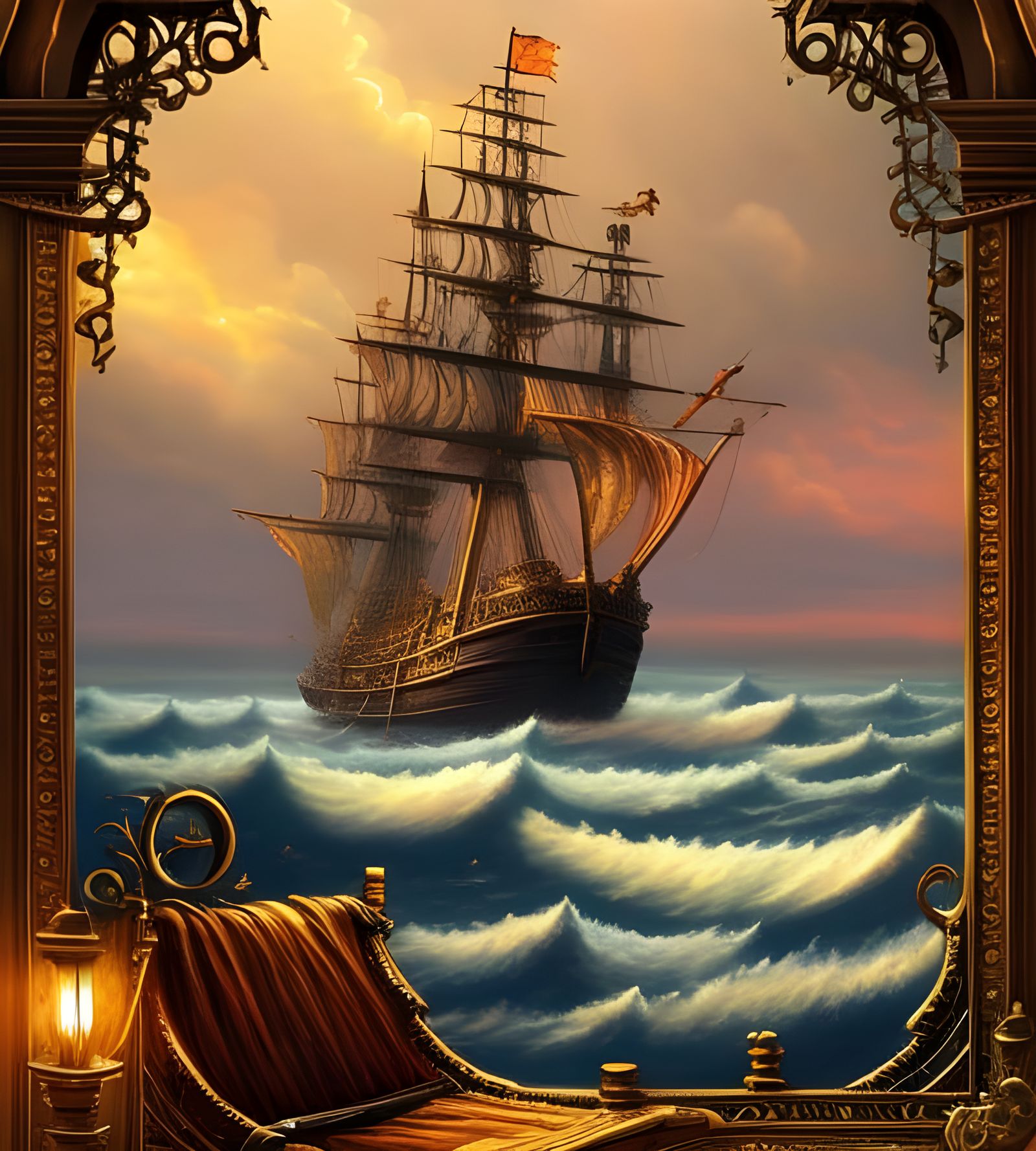 Pirate Ship in Stormy Sea: Storybook Illustration