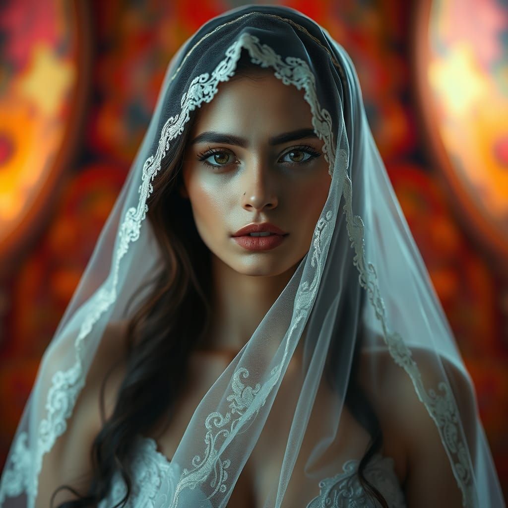 Ghostly Beauty in Lace Veil: Hyperrealistic Portrait