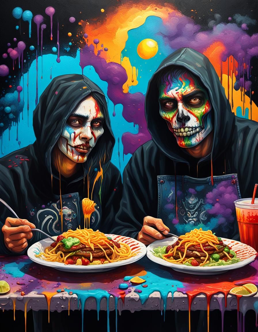 Gothic Couple Enjoying Mexican Food as Graffiti Art