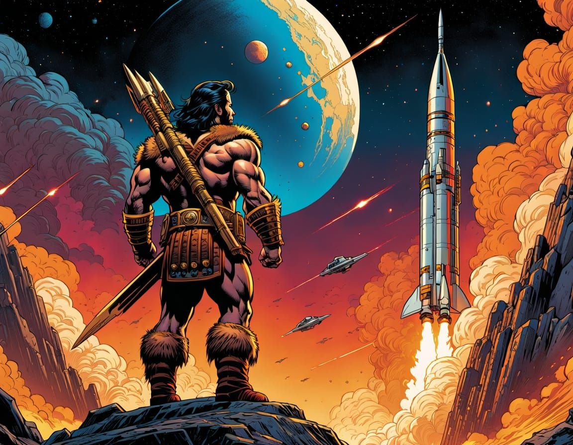 Barbarian Watches Rocket Launch in Comic Book Style
