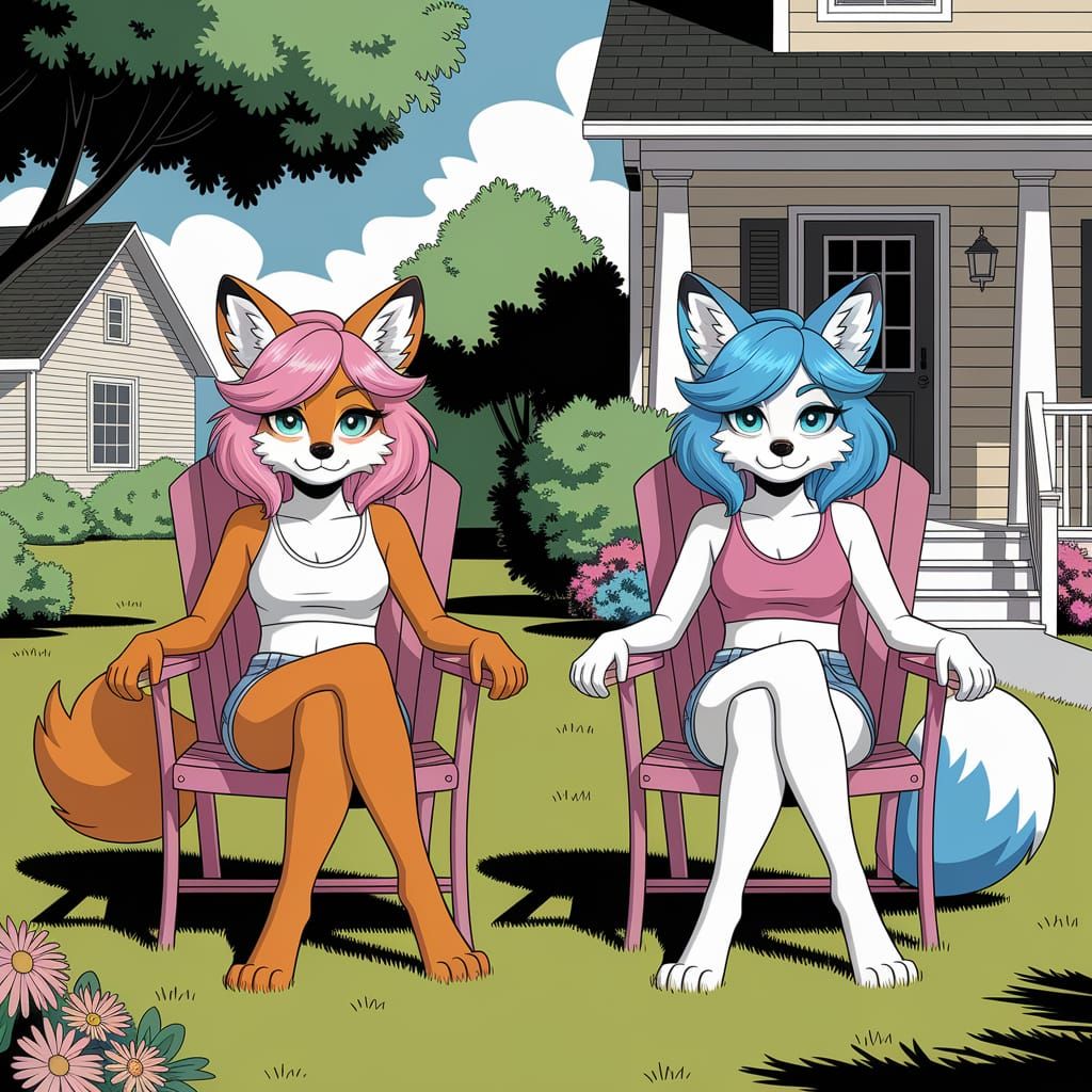 Fox Characters Relaxing in Suburban Yard