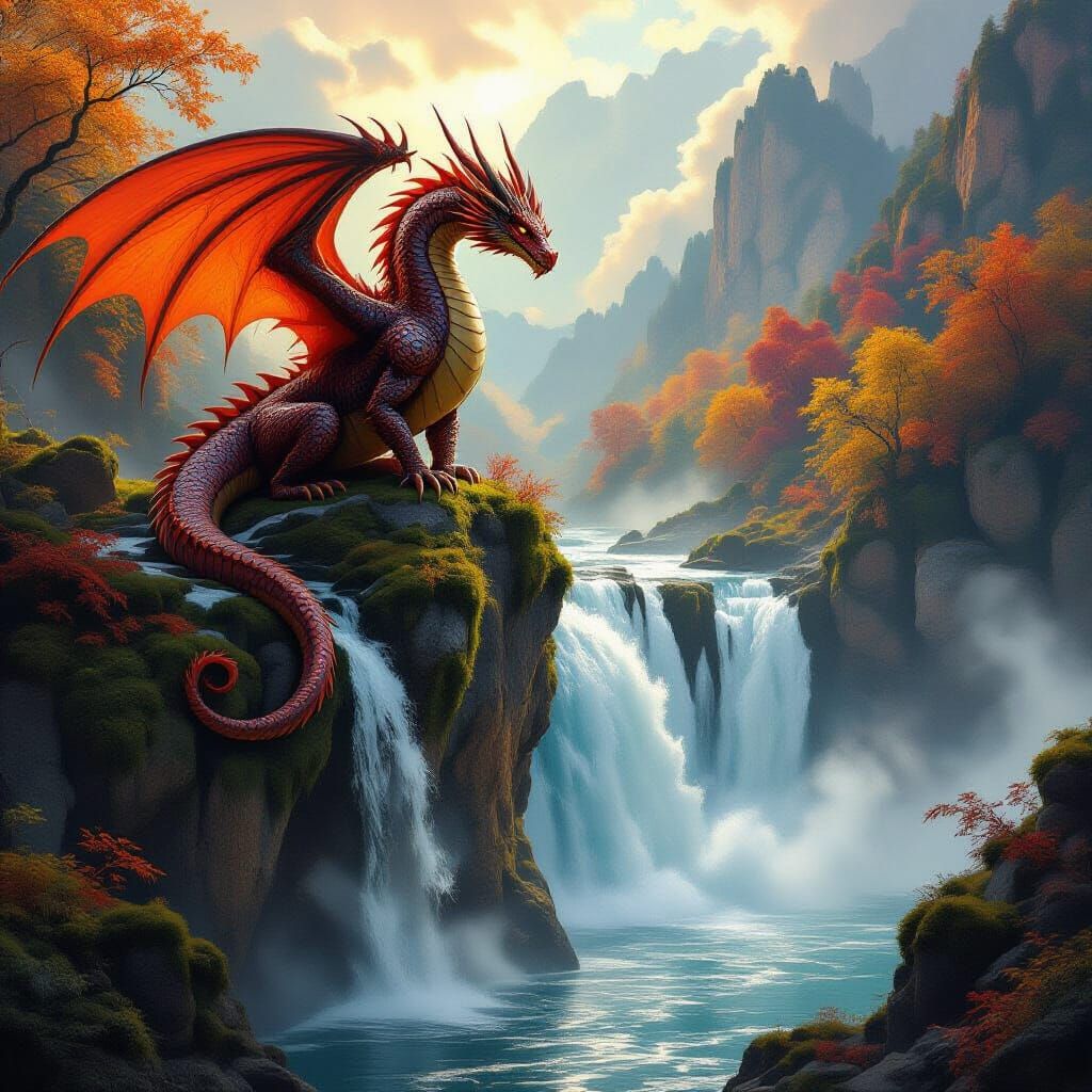 Ancient Dragon Overlooking Autumn Waterfall