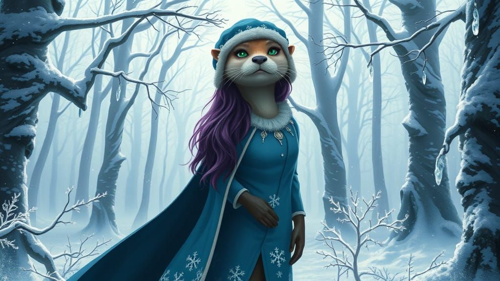 Regal, Hourglass Otter Humanoid in Icy Blue Coat Poses in Sn...