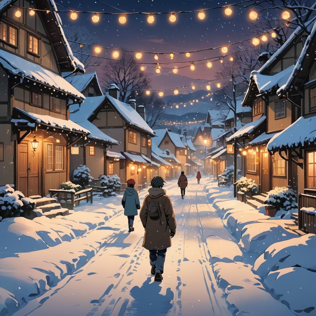 Anime Winter Village Scene at Evening