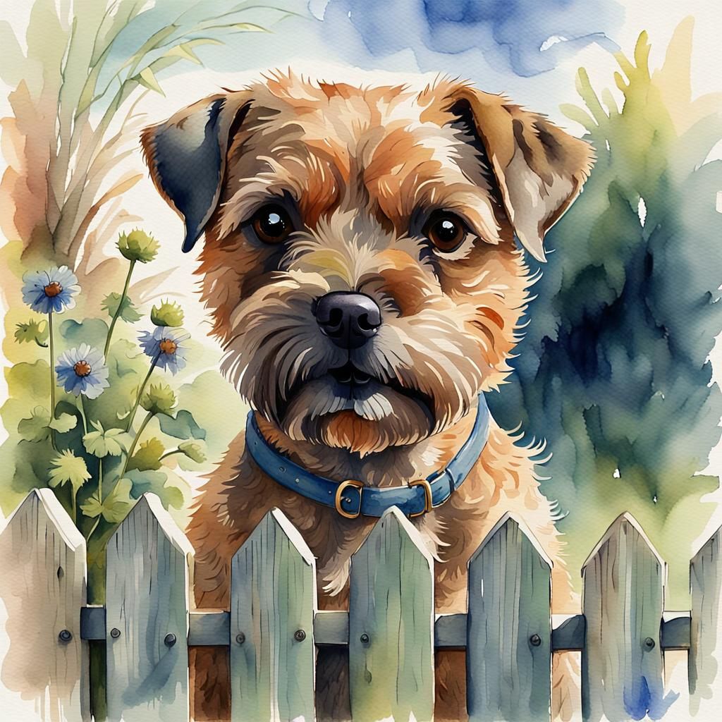 Border Terrier in Garden: Watercolor Illustration