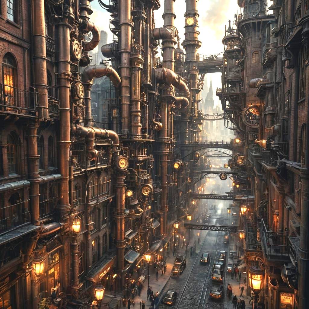 Steampunk Cityscape with Clockwork Mechanisms and Amber Ligh...