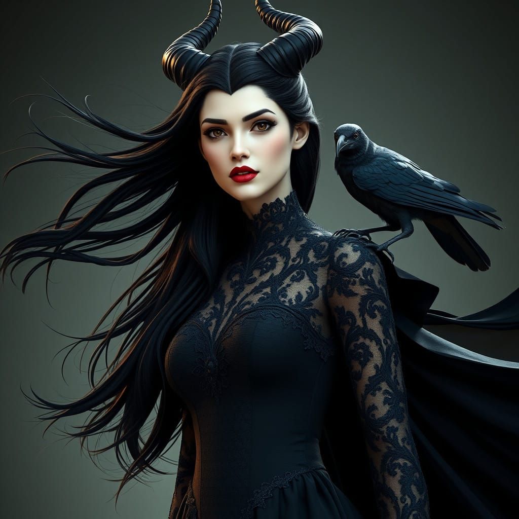 Regal Woman in Dark Fantasy Attire with Crow, Photorealistic...