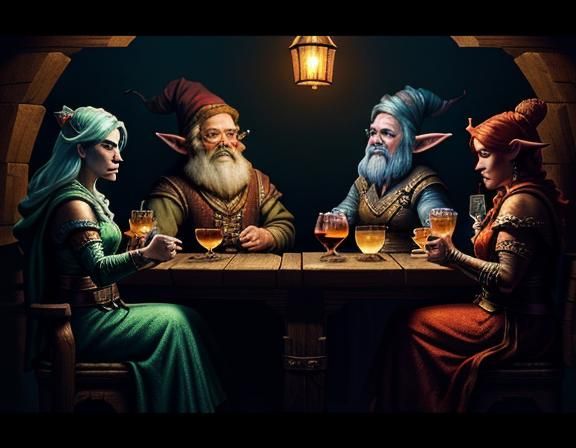 Gnomes Casting Spells in Tavern, Dark Fantasy Style