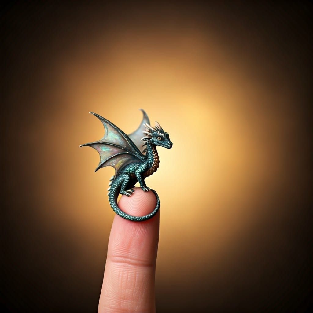 Miniature Dragon on Finger in Dreamlike Style