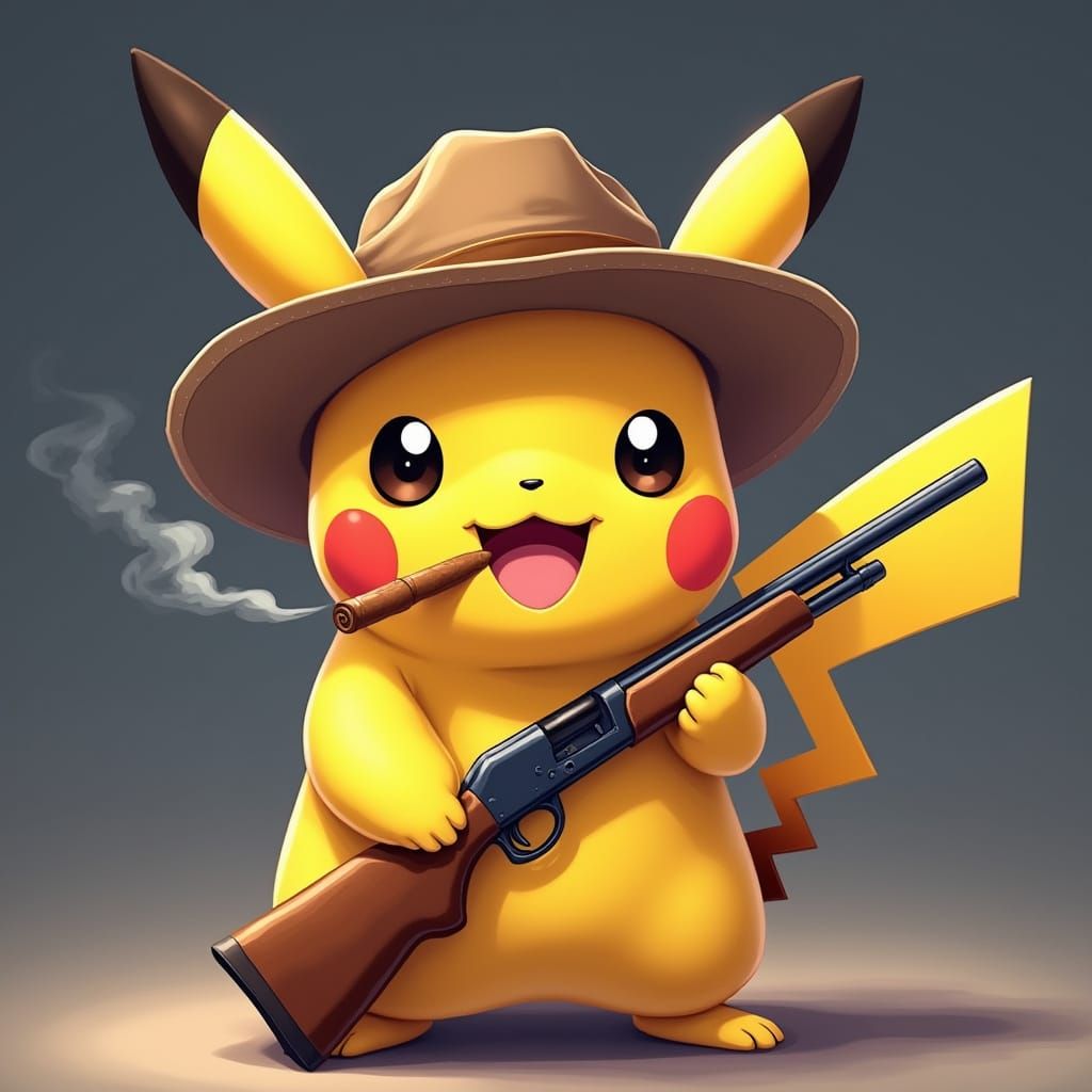 Pikachu Smokes a Cigar in a Cool, Flat Anime Style