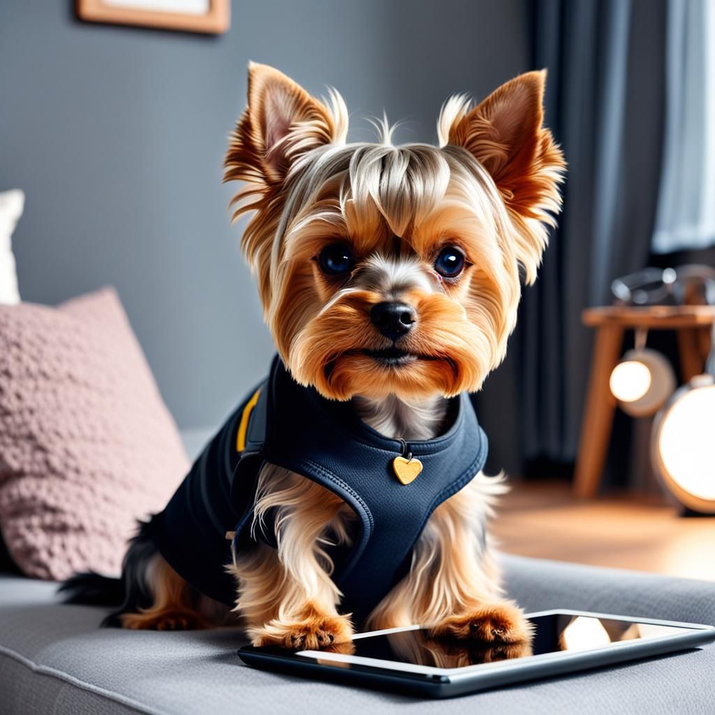 Yorkie Watching Cat Videos on Tablet