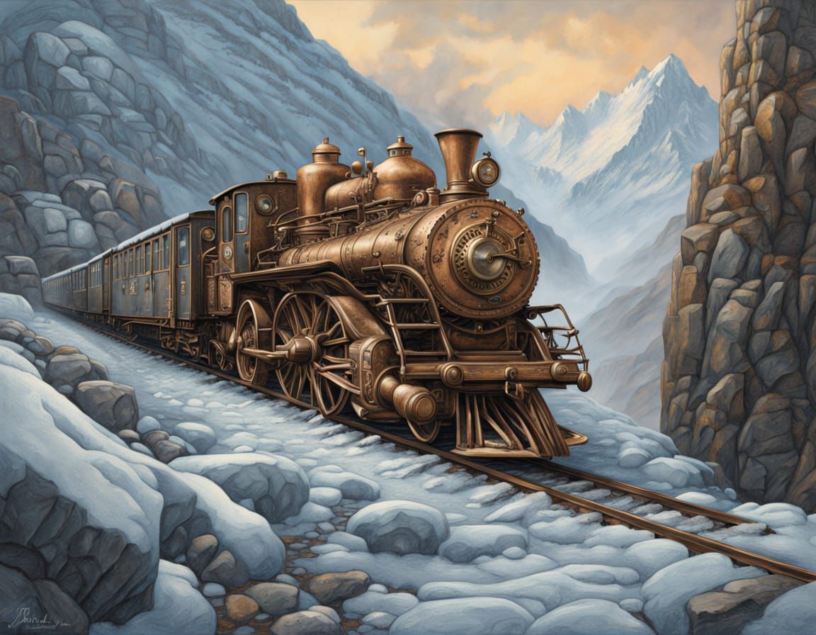 Clockwork Snow Leopard in Steampunk Mountain Landscape